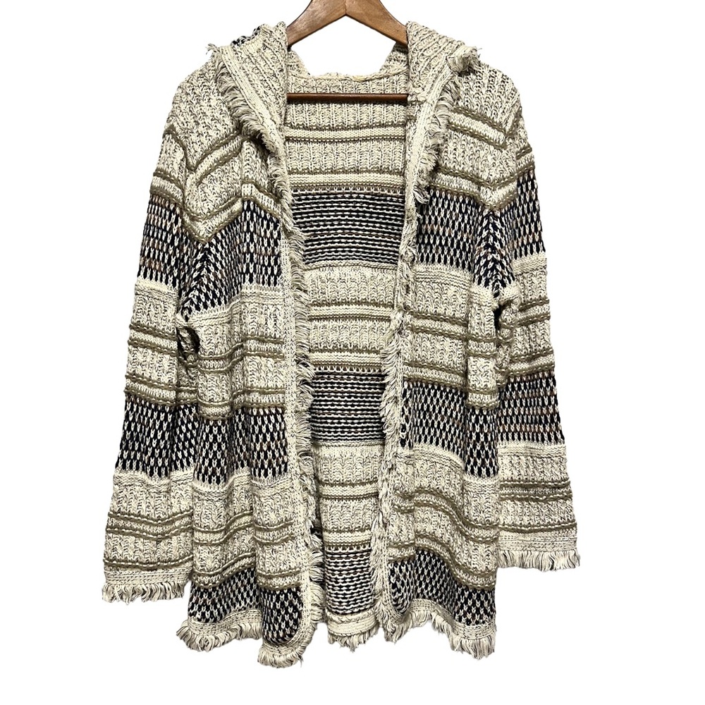 FYLO LONDON Hooded Fringe Cardigan Boho Cozycore Cabin Fair Isle Hygge